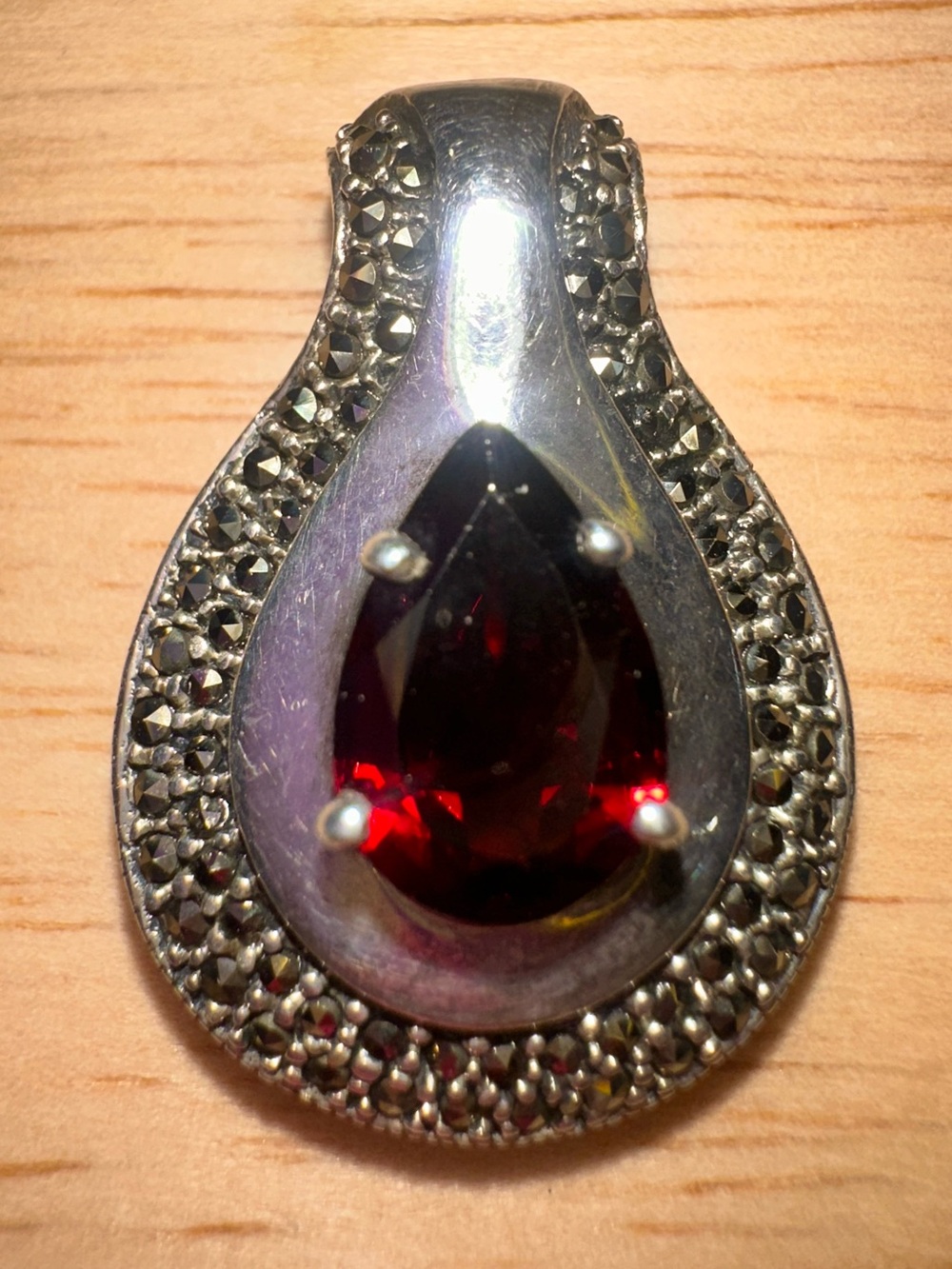 BOMA Sterling Silver Red Garnet Marcasite Pear Teardrop Pendant 1.25" / 12.35g